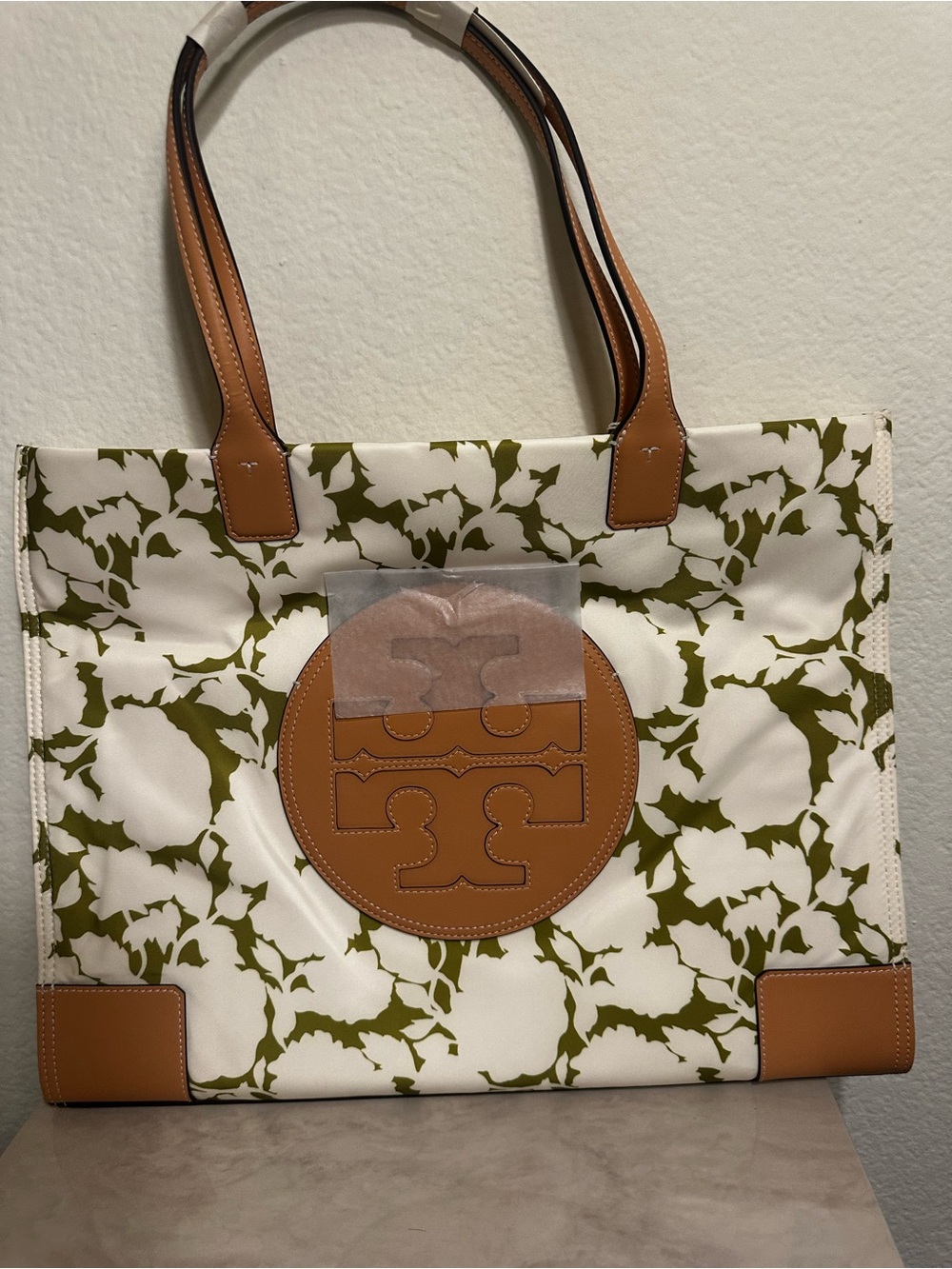 Tory Burch White, Olive & Tan Floral Logo Tote